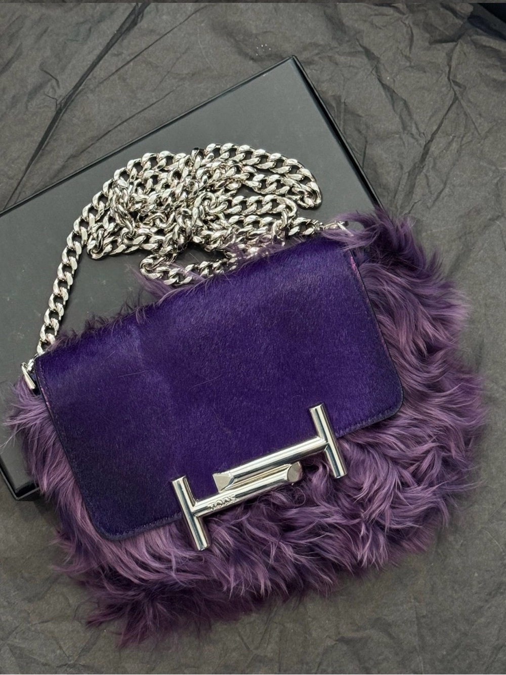 Tod's Purple Faux Fur Shoulder Bag with Silver Chain